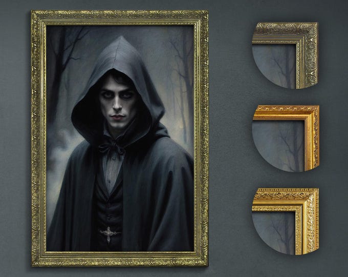 Mysterious Cloaked Figure Art Print, Dark Academia Gothic Portrait, Enigmatic Man in Forest, Eerie Dark Wall Art, Haunting Moody Decor