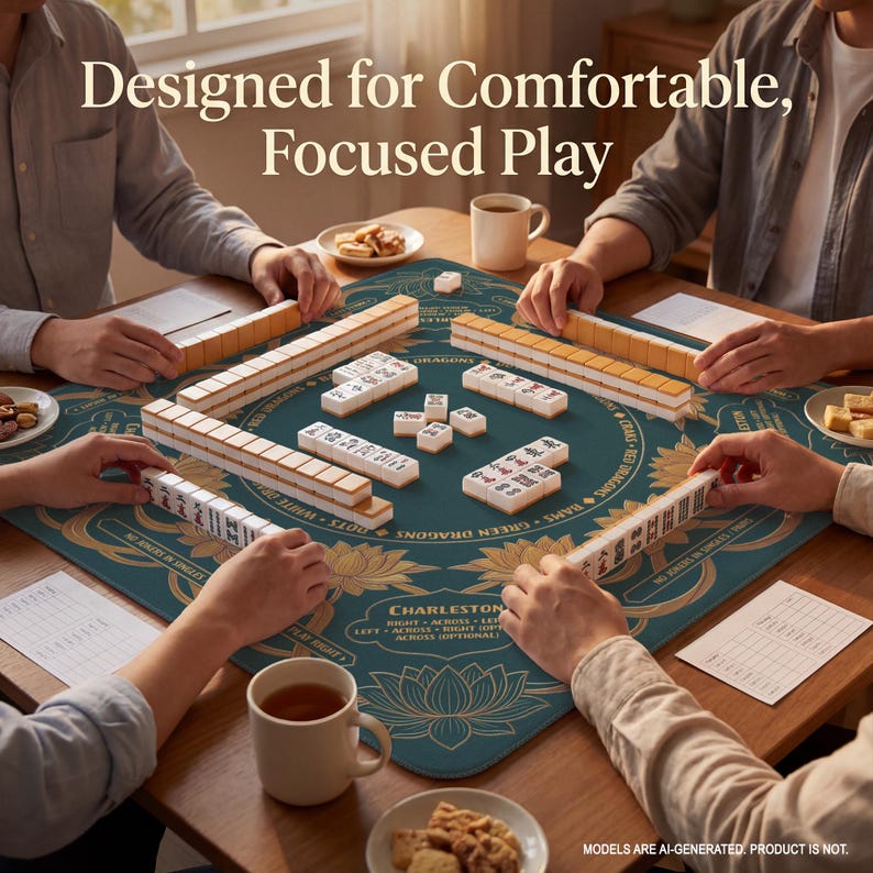 A group of people playing mahjong together, with the game board and pieces visible on the table.
