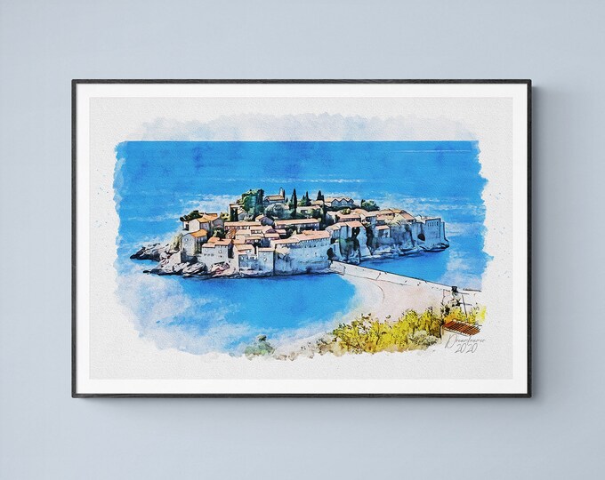 Sveti Stefan Watercolor Print Montenegro Art Premium Quality Travel Poster Artful Wall Decor Unframed Wall Art