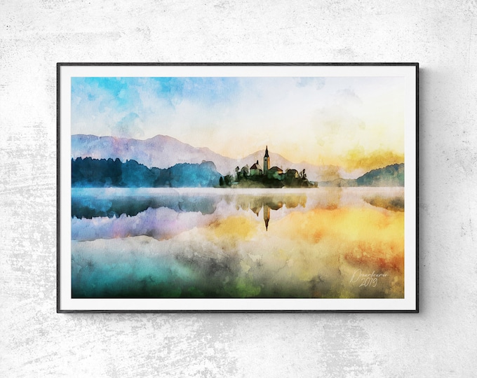 Lake Bled Watercolor Print Slovenia Art Premium Quality Travel Poster Artful Wall Decor Unframed Wall Art