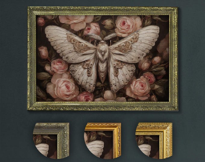 Gothic Moth and Roses Framed Wall Art: Dark Academia Vintage Decor