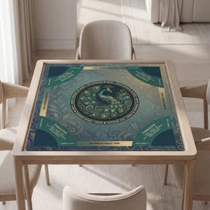 Mahjong Playing Mat with Instructions (Rules): Elegant Peacock Design - Personalized