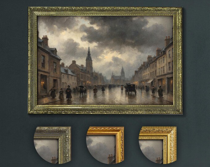Dark Academia Art Print, Vintage English Town at Dusk, Rainy Cobblestone Streets, Historical Buildings, Vintage Style Romantic Urban Scene