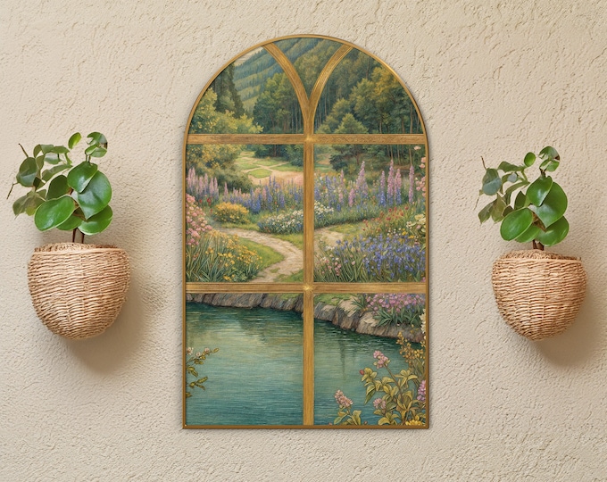 Arched Wall Art, Landscape with a Pond Window Illusion, Cottagecore Decor, Framed Canvas Print, Eclectic Boho Decor, Modern Farmhouse Decor