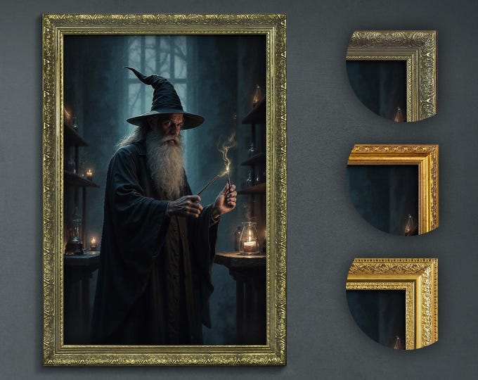 Wizard Portrait: Enigmatic Mage Conjuring Magic, Dark Academia Gothic Decor