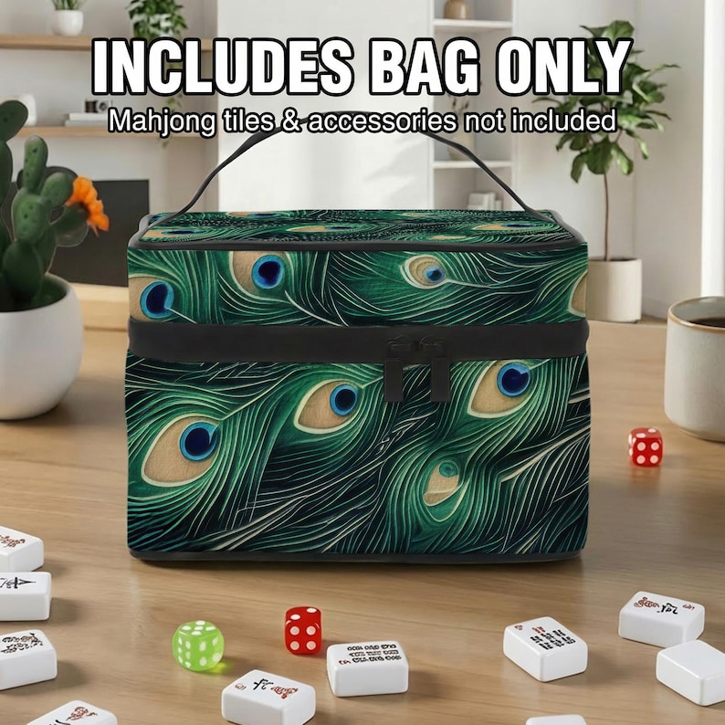a large, colorful bag with a pattern of peacock feathers, placed on a wooden surface. There are also several playing cards and dice scattered around the bag.