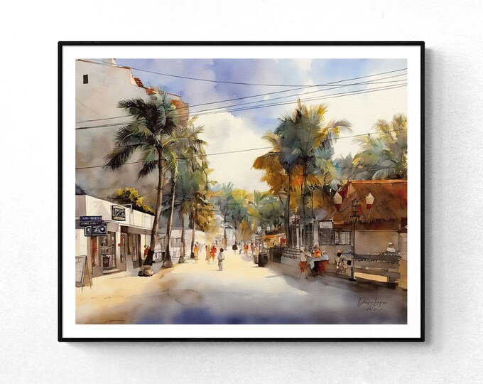 Puerto Vallarta Promenade Watercolor Print Mexico Art Premium Quality Travel Poster Artful Wall Decor Unframed Wall Art