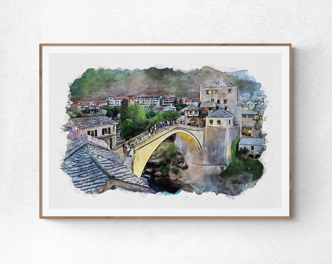 Stari Most in Mostar Watercolor Print Bosnia & Herzegovina Art Premium Quality Travel Poster Artful Wall Decor Unframed Wall Art