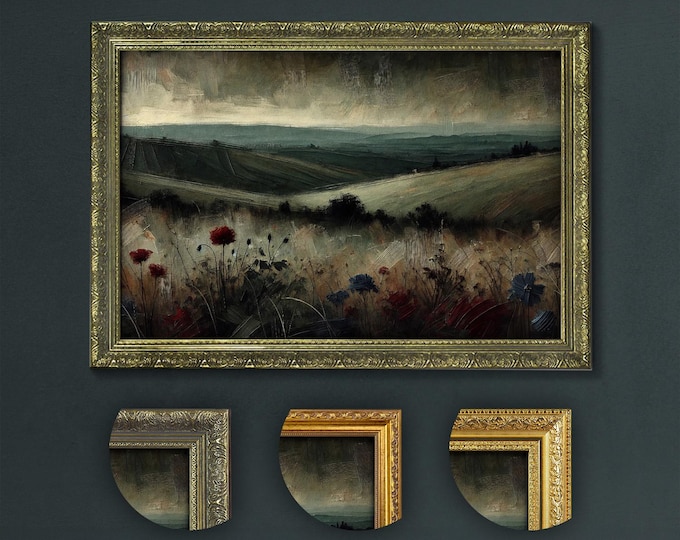 Dark Academia Landscape Painting, Moody Floral Field Art, Textured Impressionist Decor, Vintage Style Countryside Print, Dramatic Wall Art