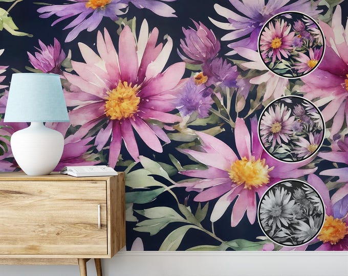 Vibrant Pink and Purple Watercolor Flowers Wallpaper, Floral Peel and Stick Wall Decor, Botanical Canvas Art, Romantic Blossoms Home Design