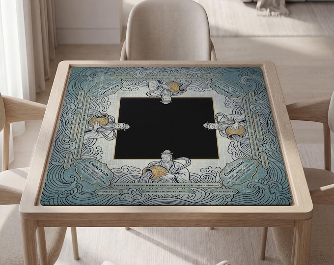 Personalized Aquarius Mahjong Mat with Instructions (Rules), Zodiac Design, Teal Gold