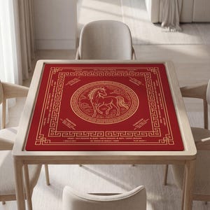 Personalized Luxury Red Mahjong Mat with Instructions (Rules), Gold Horse Design