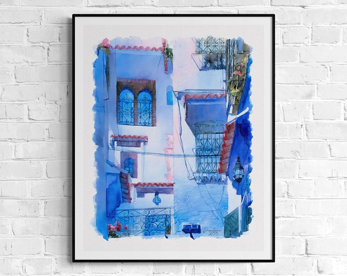 Artful Morocco Print, Moroccan Wall Art, Moroccan Blue City Chaouen Poster, Custom Personalized Artful Gift for Art Lovers, Unframed Print