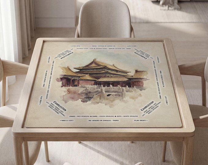 Personalized Forbidden City Beijing Watercolor Mahjong Mat with Instructions (Rules)