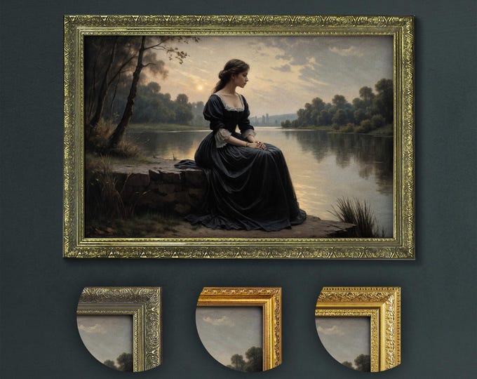 Lakeside Contemplation, Dark Academia Art, Victorian Lady by Water, Tranquil Nature Scene, Reflective Serene Decor, Vintage Style Art