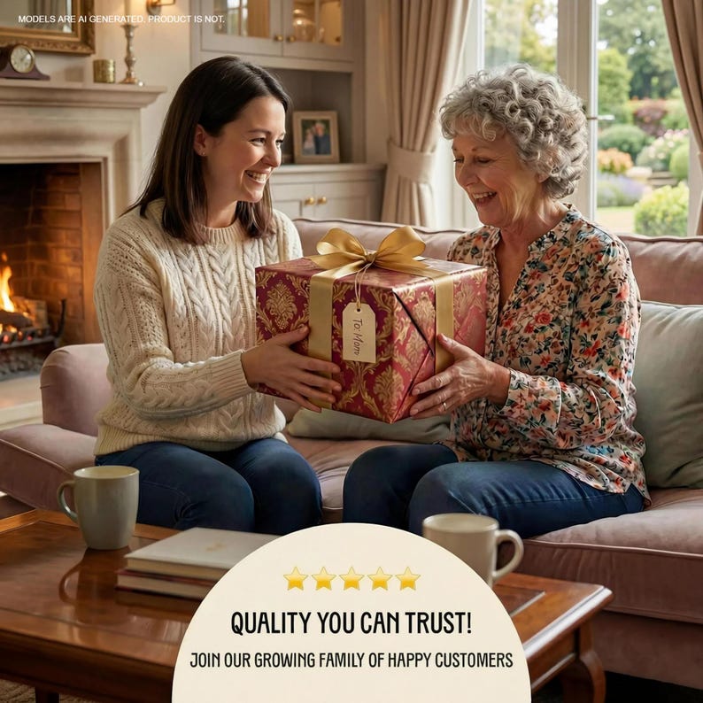 Two women sitting on a couch, one holding a large red gift box with a gold bow, smiling and looking at each other.