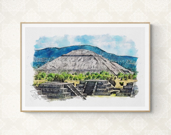 Pyramid of the Sun Watercolor Print Mexico Art Premium Quality Travel Poster Artful Wall Decor Unframed Wall Art