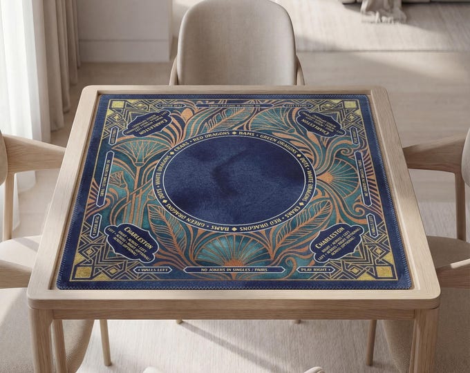 Personalized Dark Blue Art Deco Mahjong Mat with Rules (Instructions), Bag Included