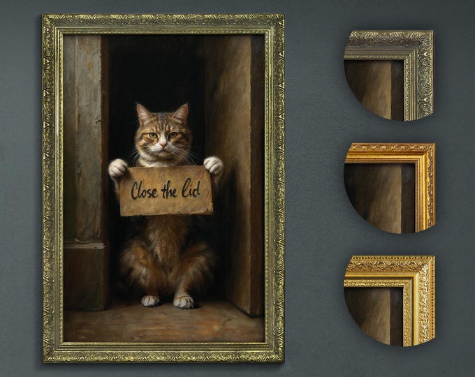 Funny Bathroom Art, Cat with a Sign Close the Lid, Funny Dark Academia Decor, Decorative Funny Art, Funny Eclectic Print, Bathroom Cat Print