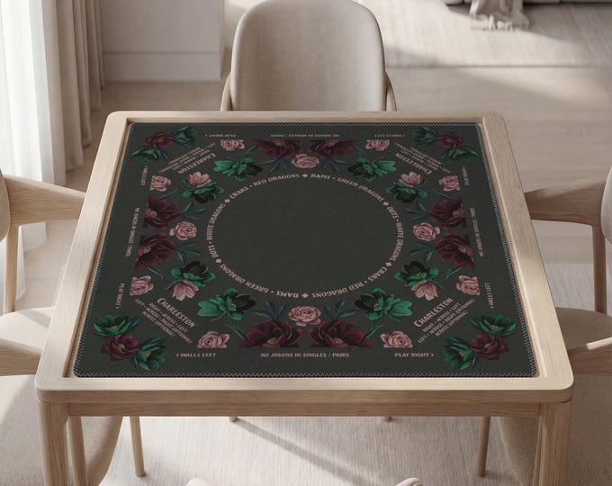 Fully Personalized Mahjong Mat with Instructions (Rules), Dark Floral Design