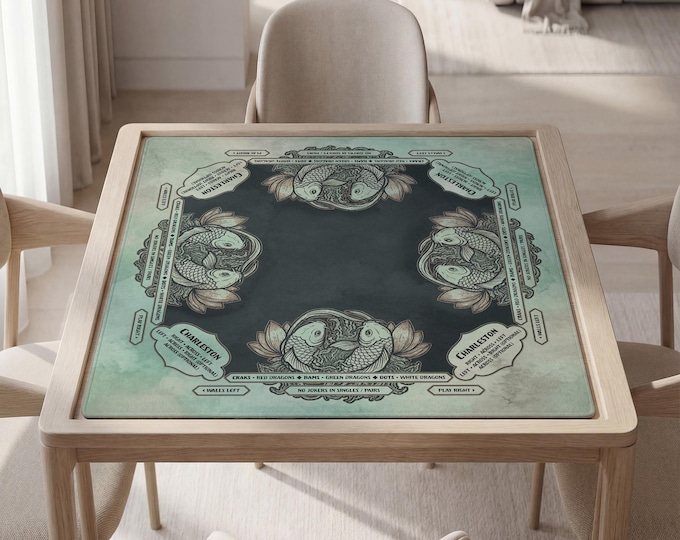 Pisces Mahjong Mat - Custom Koi Fish Design, Waterproof Teal Surface, Bag Included
