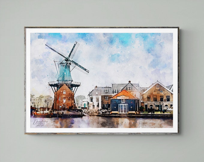 Windmill De Adriaan Watercolor Print The Netherlands Art Premium Quality Travel Poster Artful Wall Decor Unframed Wall Art