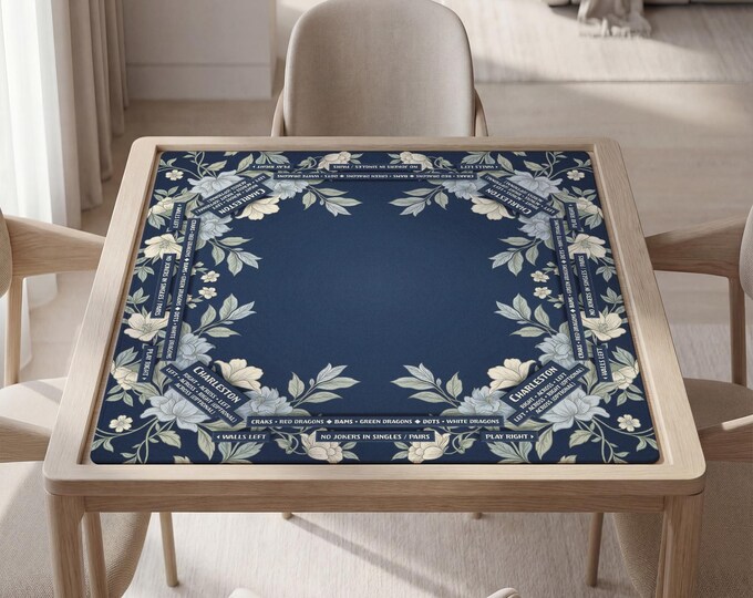 Mahjong Game Mat with Instructions, Navy Floral Design, Personalized Text