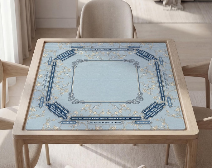 Mahjong Table Mat with Instructions: Light Blue Floral Pattern - Custom Text Option, Bag Included