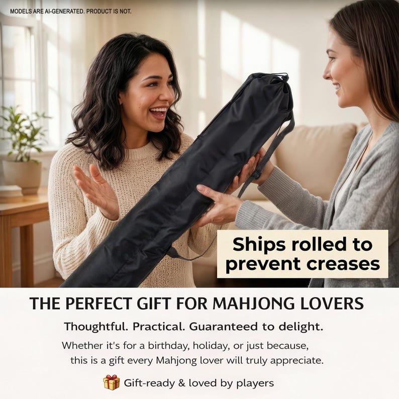 two women smiling and holding a large black bag, with text above them stating that the bag is a perfect gift for Mah Jongg lovers.