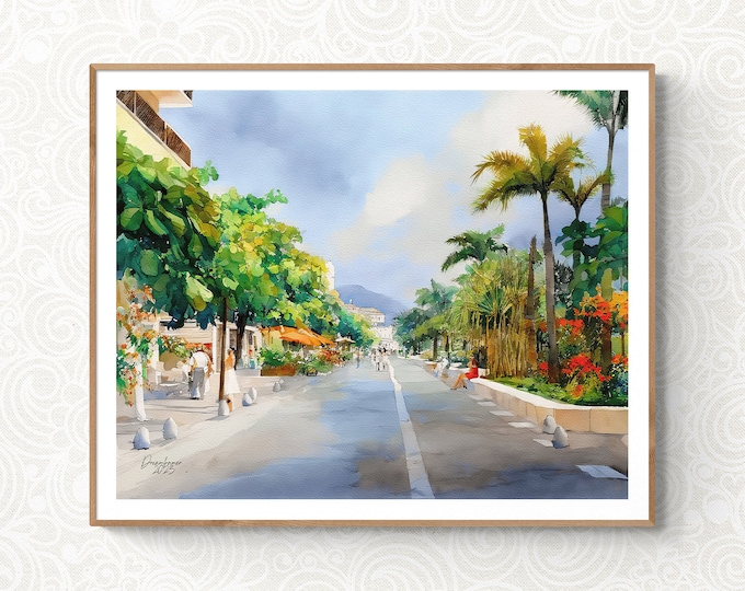 Puerto Vallarta Malecon Watercolor Print Mexico Art Premium Quality Travel Poster Artful Wall Decor Unframed Wall Art