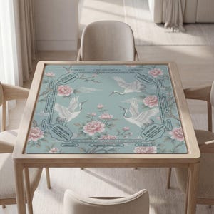 Personalized Mahjong Mat, Crane And Peonies, Blue Chinoiserie | Soft Touch Textile - Quiet Tile Surface