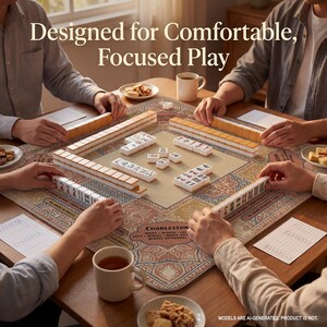 A group of people playing mahjong together, with the game board and pieces visible on the table.