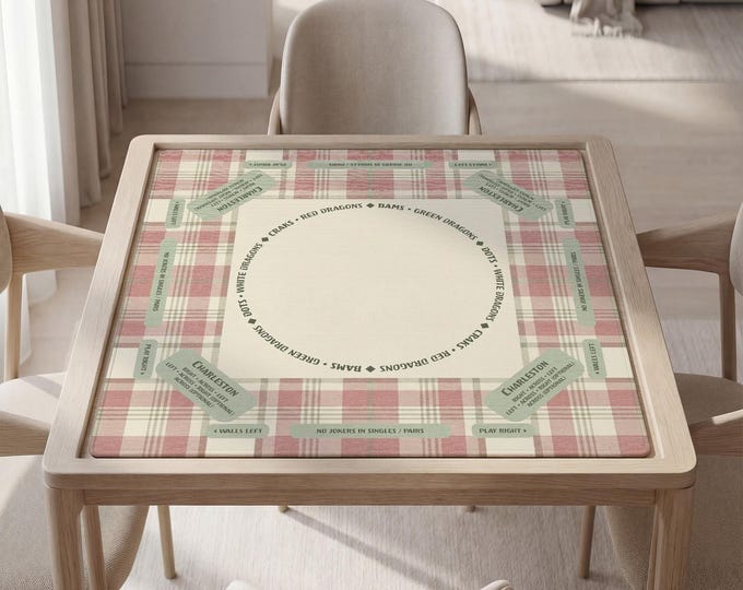Personalized Beige and Pink Plaid Mahjong Mat with Instructions (Rules)