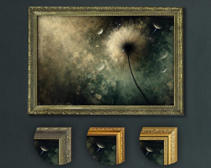 Moody Dandelion Wall Art, Dark Academia Decor, Dark Green Nature Print, Minimalist Decor, Ethereal Dandelion Art, Modern Botanical Decor