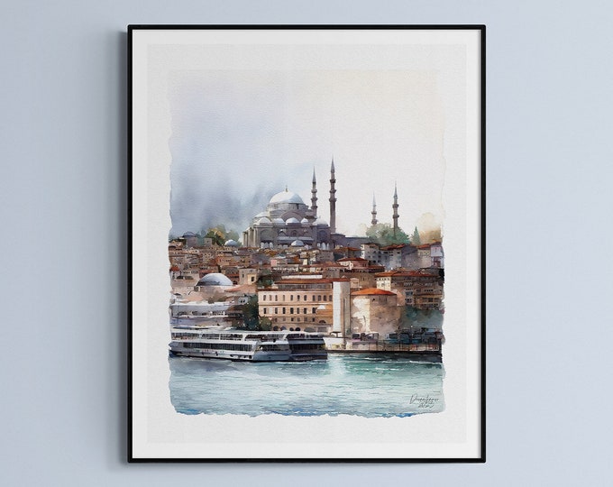 Suleymaniye Mosque Istanbul Watercolor Print Türkiye (Turkey) Art Premium Quality Travel Poster Artful Wall Decor Unframed Wall Art