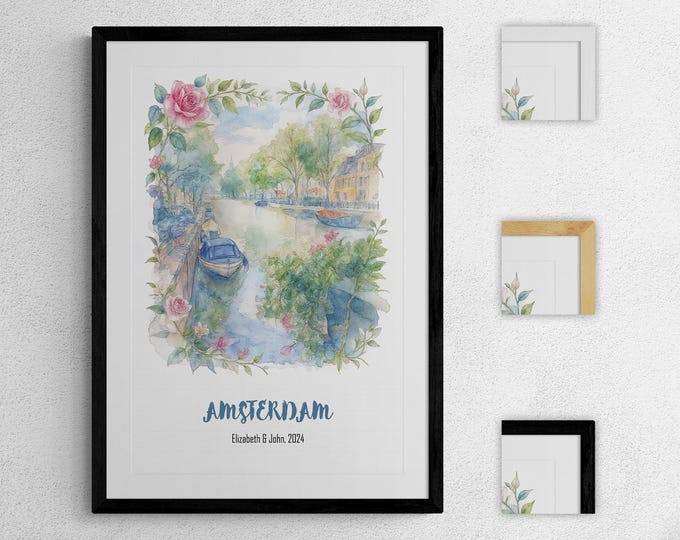 Custom Watercolor Travel Print, Personalized City Wall Art, Custom Floral Art for Couples, Anniversary or Wedding Decor