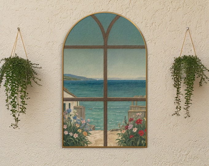 Arched Wall Art, Coastal Landscape Window Illusion, Cottagecore Decor, Framed Canvas Print, Eclectic Boho Decor, Modern Farmhouse Decor