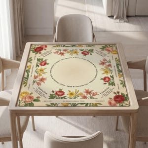 May include: A wooden card table with a floral design. The table's surface features a cream-colored background with a border of red, yellow, and pink roses and lilies. Text around the center circle reads "Charleston" and game instructions.