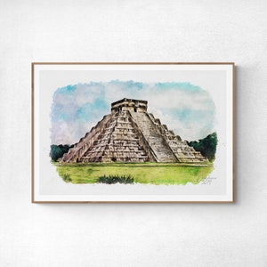 Chichen Itza Pyramid Watercolor Print Mexico Art Premium Quality Travel Poster Artful Wall Decor Unframed Wall Art