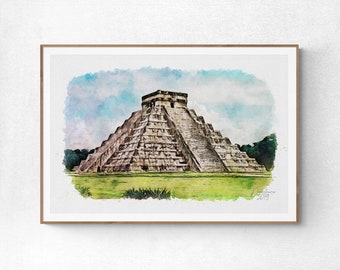 Chichen Itza Pyramid Watercolor Print Mexico Art Premium Quality Travel Poster Artful Wall Decor Unframed Wall Art