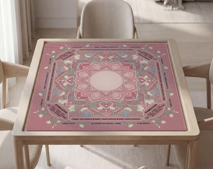 Personalized Mahjong Table Mat with Instructions (Rules): Pink Floral Mandala