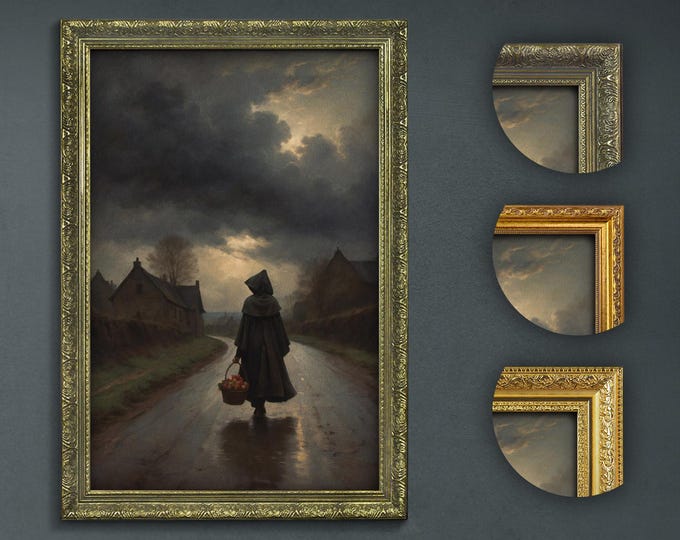 Mystical Evening Journey, Dark Cloaked Woman with Lantern, Moody Dark Academia, Atmospheric Gothic Art, Classic Vintage Style Wall Decor