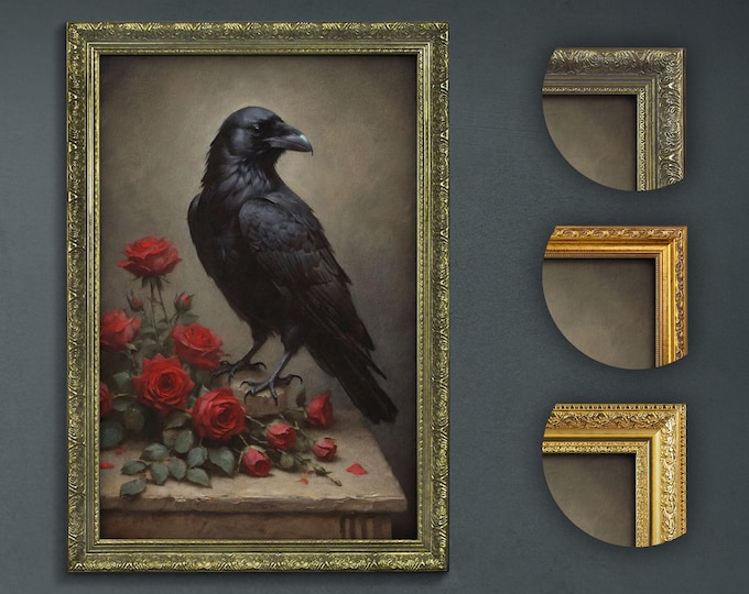 Dark Academia Art Print, Raven and Red Roses, Gothic Home Decor, Bird and Floral Wall Art, Mysterious Romantic Painting, Living Room Decor