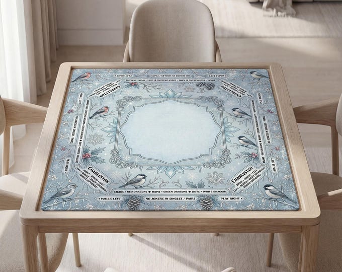 Personalized Winter Blue Mahjong Mat with Instructions (Rules): Botanical Birds