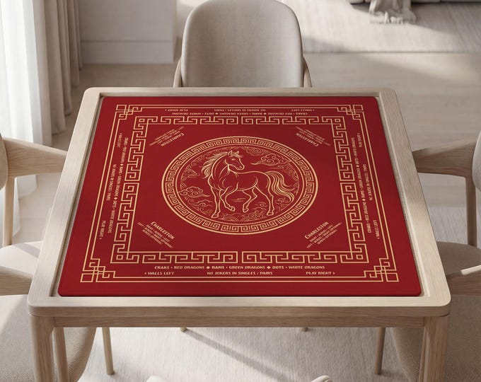 Personalized Luxury Red Mahjong Mat with Instructions (Rules), Gold Horse Design