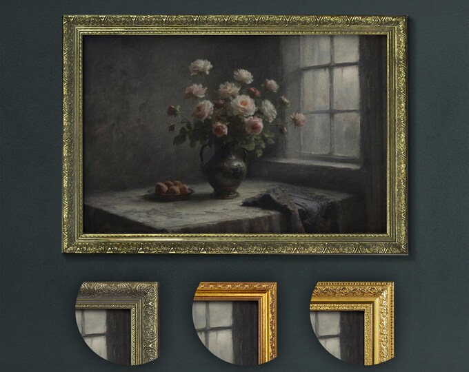 Subdued Roses in Vase, Dark Academia Floral Still Life, Vintage Style Roses Art Print, Romantic Rustic Decor, Moody Rose Arrangement