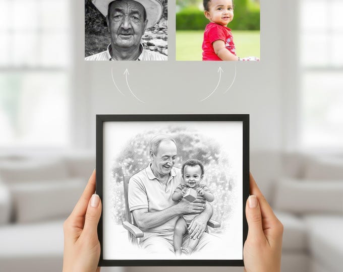 Grandparent Portrait with Baby, Black and White Pencil Style (Digital Art)