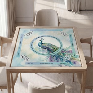 Personalized Mahjong Mat, Peacock Design, Soft Polyester, Non-Slip Rubber, Carry Pouch