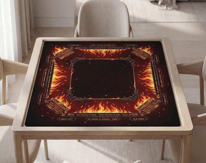 Masculine Mahjong Mat with Instructions - Fire Design, Personalized Text and Image, Bag Included
