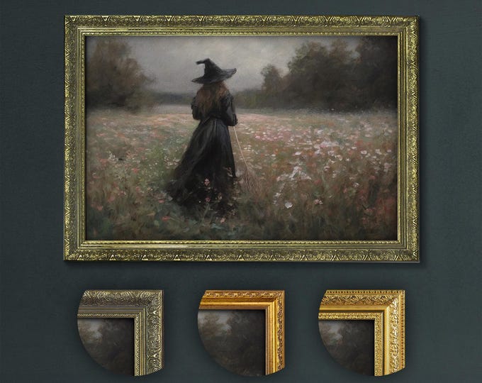 Witch in Misty Meadow, Dark Academia Art Print, Moody Witchy Decor, Vintage Style Witch with Broom, Enchanted Forest Art, Gothic Home Decor